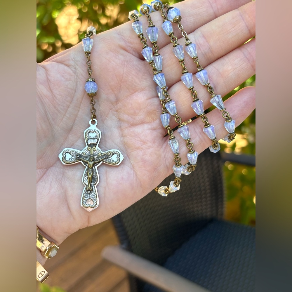Vintage Rosary Opalescent Glass Bead, Religious Crucifix, devotion rosary